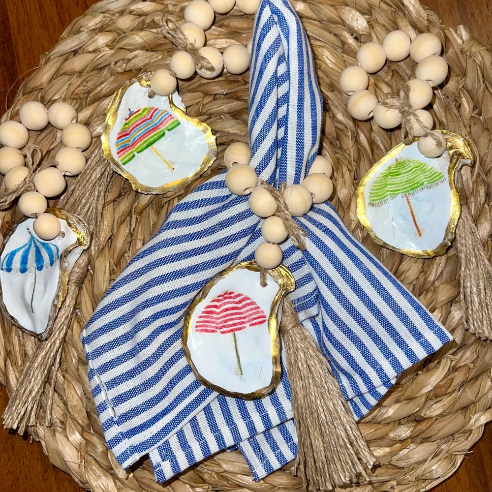 NEW set of 4 handmade real oyster shell napkin rings, beach umbrellas wood beads